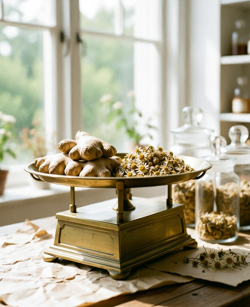 Scientific tools and botanical specimens